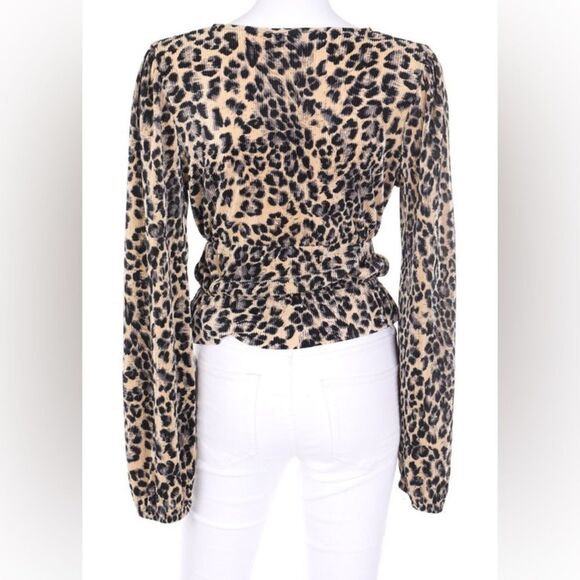 ✨ZARA Black Cream Leopard Print Faux Wrap Smocked Long Sleeve V Neck Sz M Top✨ - Picture 3 of 11